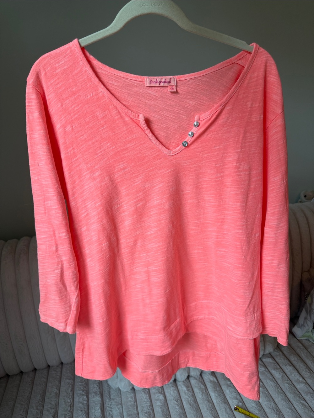 Fresh Produce Bright Pink V-Neck 3/4 Sleeve Casual Cotton Tee Size Large